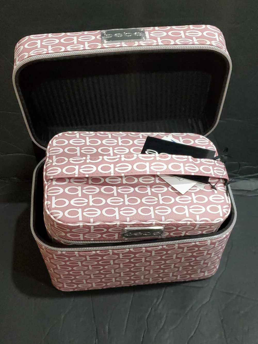 Bebe blush monogram small cosmetics hard train case with 2 toiletry bottles